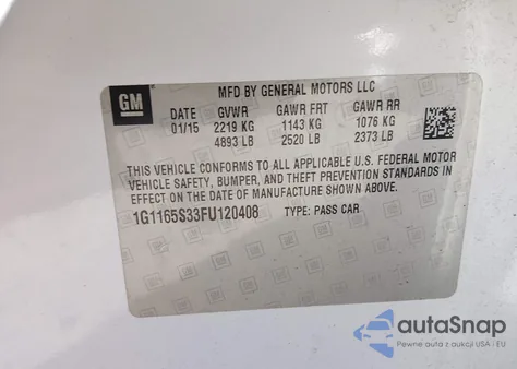 2015 Chevrolet Impala 2Lz from USA, damaged, VIN 1G1165S33FU120408